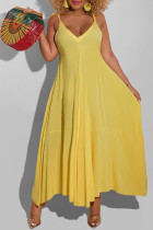 Yellow Sexy Casual Solid Backless V Neck Sling Dress
