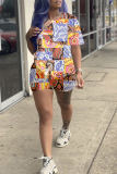 Grey Casual Print Patchwork O Neck Short Sleeve Two Pieces