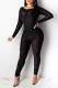 Black Fashion Sexy Patchwork Hollowed Out See-through O Neck Skinny Jumpsuits