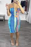Blue Sexy Print Hollowed Out Spaghetti Strap Pencil Skirt Dresses