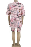 Pink Casual Print Patchwork V Neck Short Sleeve Two Pieces