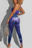 Blue Casual Print Patchwork Spaghetti Strap Skinny Jumpsuits