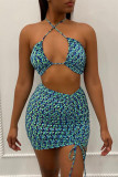 Blue Fashion Sexy Print Hollowed Out Backless Halter Sleeveless Two Pieces