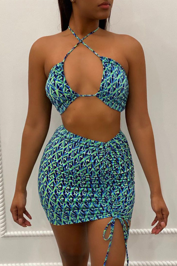 Blue Fashion Sexy Print Hollowed Out Backless Halter Sleeveless Two Pieces
