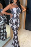 Grey Sexy Print Patchwork Strapless Trumpet Mermaid Dresses