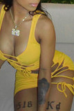 Yellow Fashion Sexy Solid Hollowed Out Strap Design U Neck Vest Dress Dresses