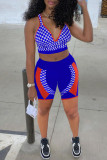 Blue Sexy Casual Patchwork Print Basic V Neck Sleeveless Two Pieces