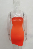 Tangerine Red Sexy Solid Split Joint Strapless Pencil Skirt Dresses