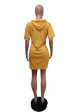 Yellow Fashion Casual Solid Basic Hooded Collar Short Sleeve Dress