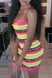 Pink Sexy Casual Letter Striped Print Backless Spaghetti Strap Sleeveless Dress