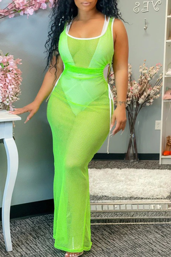Green Sexy Solid Mesh Square Collar Irregular Dress Dresses
