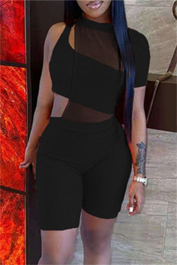Black Fashion Sexy Solid Hollowed Out See-through O Neck Short Sleeve Two Pieces