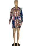 Multicolor Casual Print Patchwork Buckle Turndown Collar Shirt Dress Dresses