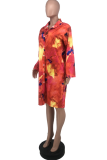 Red Casual Print Patchwork Turndown Collar Shirt Dress Dresses