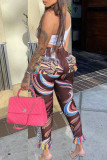 Coffee Casual Print Tassel Patchwork Oblique Collar Sleeveless Two Pieces