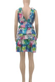 Multicolor Sweet Print Patchwork Flounce V Neck A Line Dresses