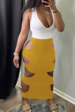 Yellow Sexy Solid Hollowed Out Patchwork V Neck Pencil Skirt Dresses