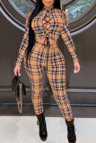 Coffee Sexy Plaid Print Hollowed Out Patchwork Frenulum O Neck Long Sleeve Two Pieces