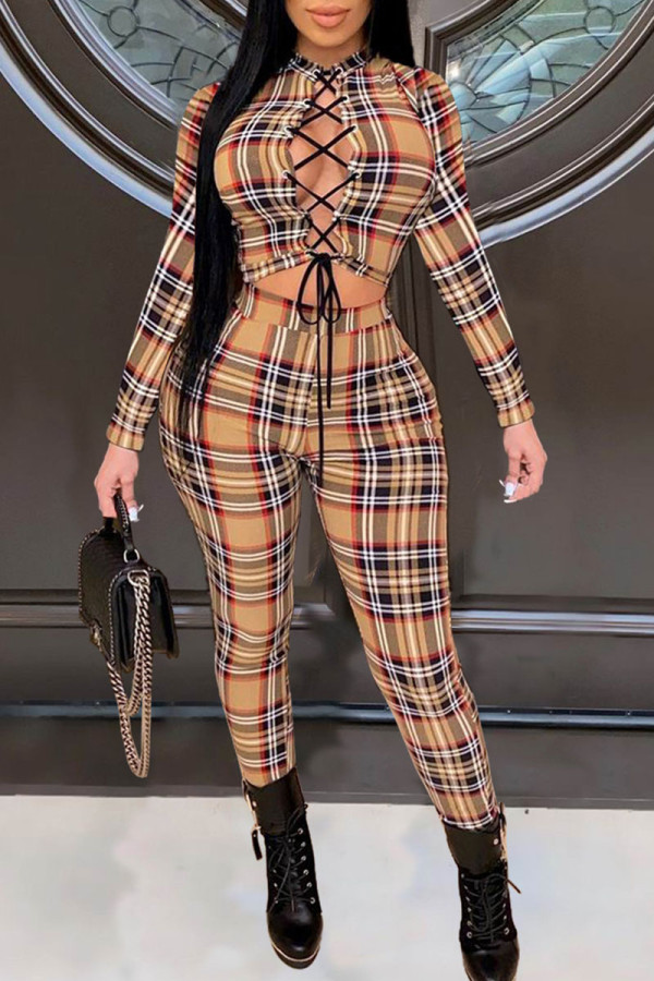 Coffee Sexy Plaid Print Hollowed Out Patchwork Frenulum O Neck Long Sleeve Two Pieces