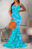 Rose Red Fashion Sexy Print Backless Spaghetti Strap Sleeveless Dress