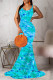 Blue Fashion Sexy Print Backless Spaghetti Strap Sleeveless Dress