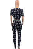 Black Fashion Sexy Print Hollowed Out V Neck Short Sleeve Two Pieces