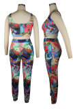 Multicolor Sexy Print Split Joint U Neck Sleeveless Two Pieces