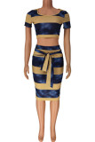 Multi-color Casual Striped Print Bandage Patchwork Short Sleeve Two Pieces