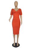 Red Sexy Casual Solid Basic V Neck Short Sleeve Dress