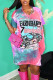 Purple Street Print Patchwork O Neck T-Shirts