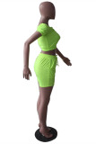 Fluorescent Green Fashion Casual Solid Backless Off the Shoulder Short Sleeve Two Pieces