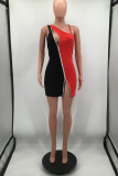 Blue Sexy Color Block Hollowed Out One Shoulder Irregular Dress Dresses