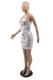 White Fashion Sexy Print Backless Spaghetti Strap Sleeveless Dress