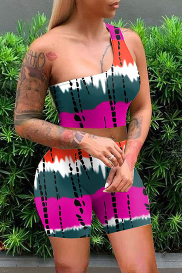 Rose Red Fashion Casual Print Backless One Shoulder Sleeveless Two Pieces