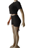 Black Casual Solid Split Joint Draw String O Neck Short Sleeve Two Pieces