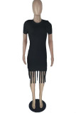 Pink Fashion Casual Solid Tassel O Neck Short Sleeve Dress