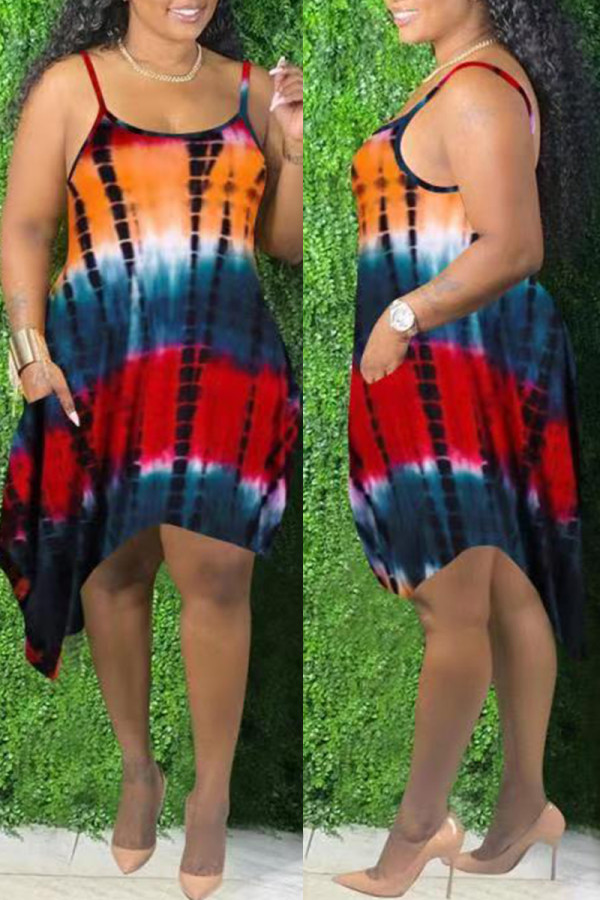 Orange Sexy Casual Print Tie Dye Backless Spaghetti Strap Irregular Dress
