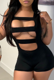 Black Sexy Solid Hollowed Out Square Collar Skinny Rompers