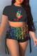 Black Fashion Casual Print Basic O Neck Short Sleeve Two Pieces