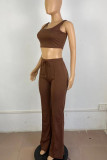 Brown Casual Solid Patchwork U Neck Two Pieces