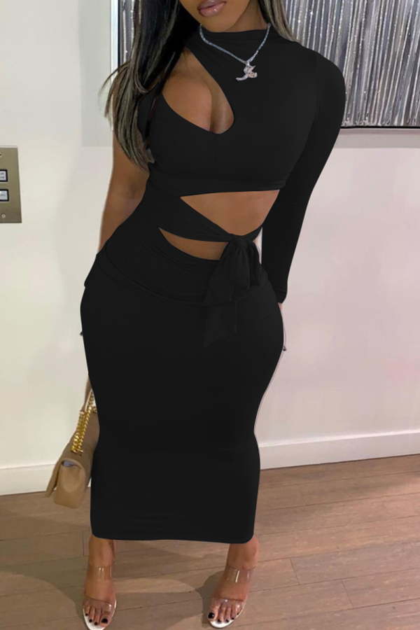 Black Sexy Solid Hollowed Out O Neck Pencil Skirt Dresses