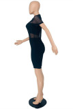 Light Blue Fashion Sexy Solid Hollowed Out See-through O Neck Short Sleeve Two Pieces