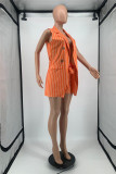 Orange Fashion Casual Striped Print Cardigan Sleeveless Two Pieces