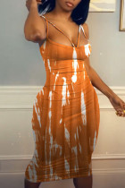 Orange Fashion Sexy Print Backless Spaghetti Strap Sleeveless Dress