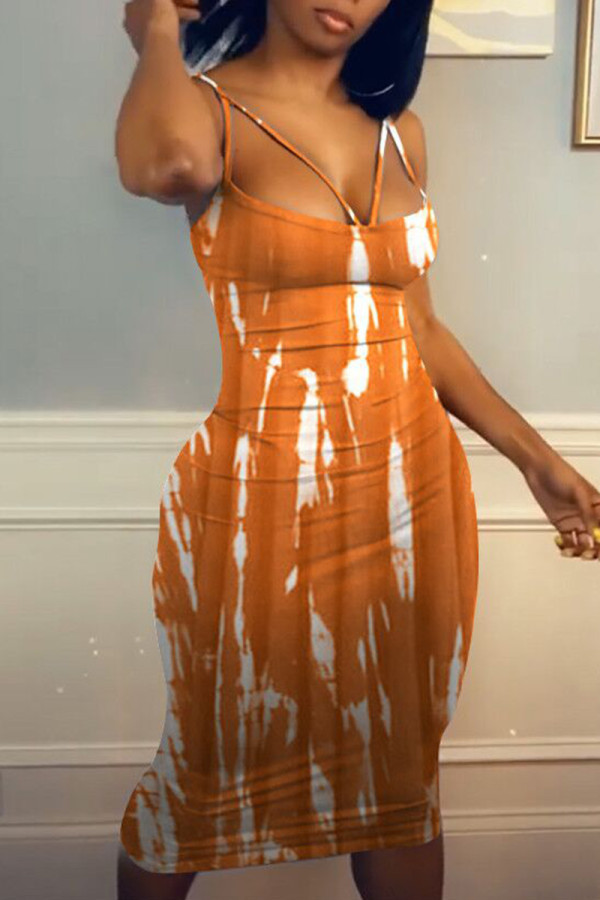 Orange Fashion Sexy Print Backless Spaghetti Strap Sleeveless Dress