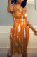 Orange Fashion Sexy Print Backless Spaghetti Strap Sleeveless Dress