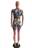 Colour Casual Print Patchwork O Neck Short Sleeve Two Pieces