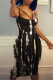 Black Fashion Sexy Print Backless Spaghetti Strap Sleeveless Dress