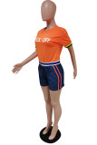 Orange Fashion Casual Letter Print Patchwork O Neck Short Sleeve Two Pieces
