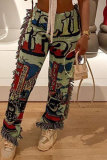 Light Green Fashion Casual Print Tassel Regular High Waist Trousers